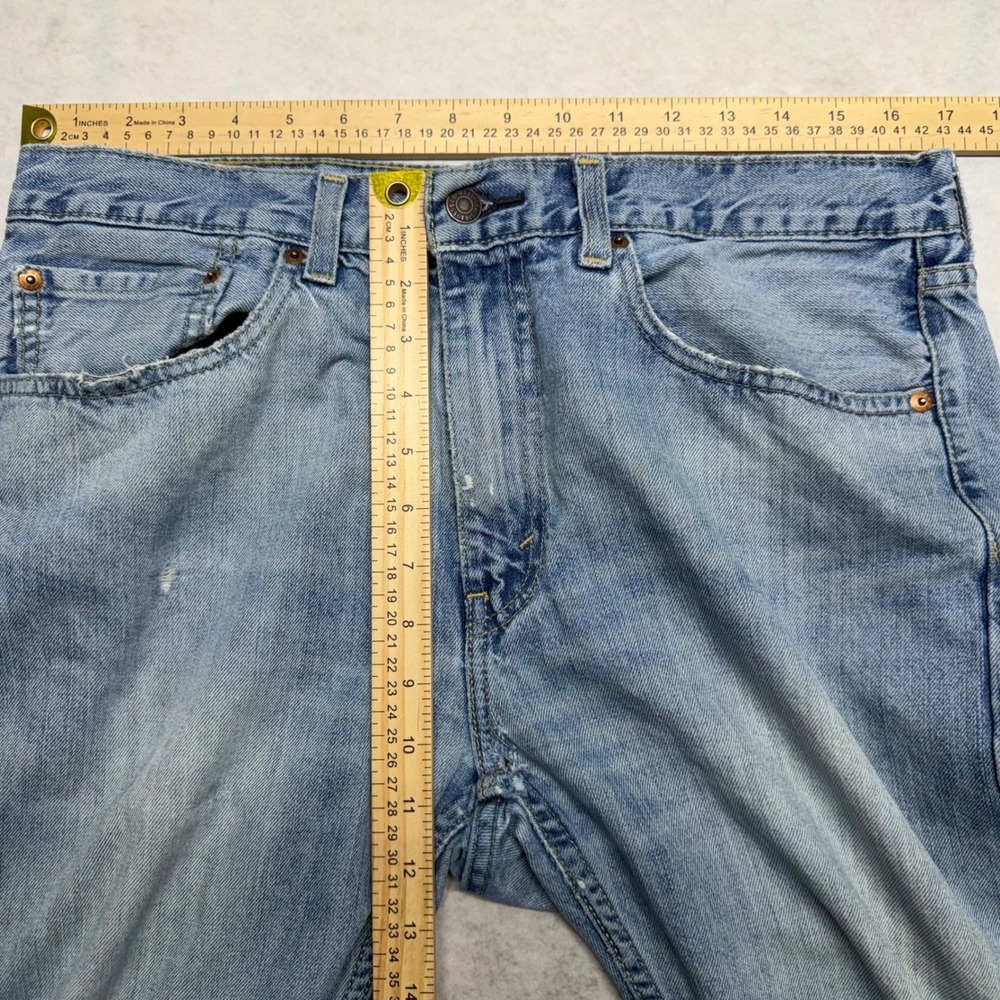 Levis 505 Regular Fit Mens 34x32 Light Wash Distressed Straight Leg Denim Jeans - Picture 7 of 14